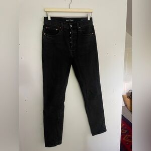 Aritzia, denim forum, Yoko high rise slim, size 28, black jean, button fly, EUC